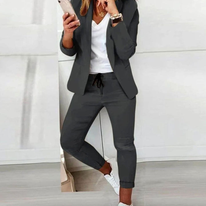 Women's Versatile Blazer Jogger Trouser Two-Piece Set - Dark Grey