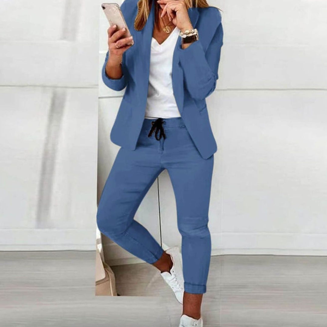 Women's Versatile Blazer Jogger Trouser Two-Piece Set - Blue