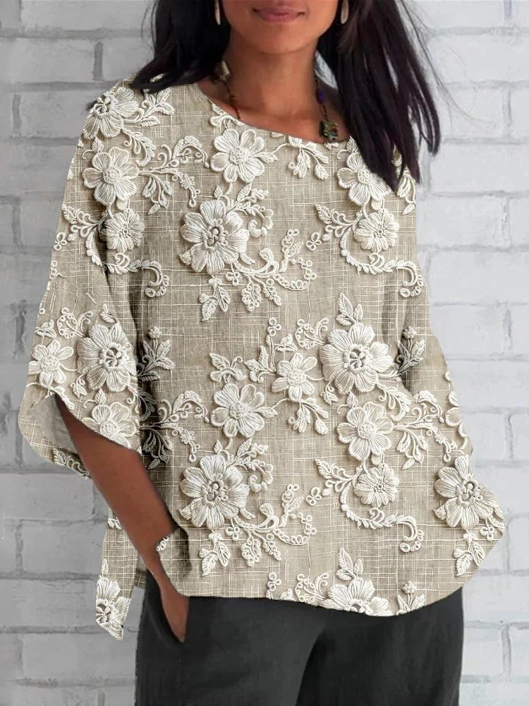 Women's Vintage Floral Embroidered Relaxed Three-Quarter Sleeve Blouse - Khaki