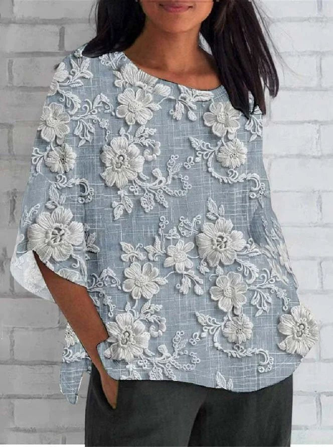 Women's Vintage Floral Embroidered Relaxed Three-Quarter Sleeve Blouse - Blue