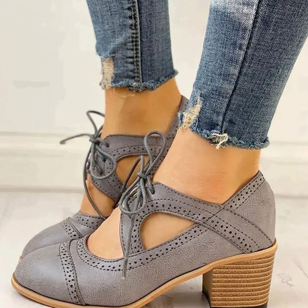 Women's Vintage Lace-Up Block-Heel T-Strap Shoes - Grey