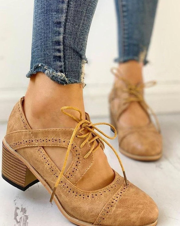 Women's Vintage Lace-Up Block-Heel T-Strap Shoes - Beige