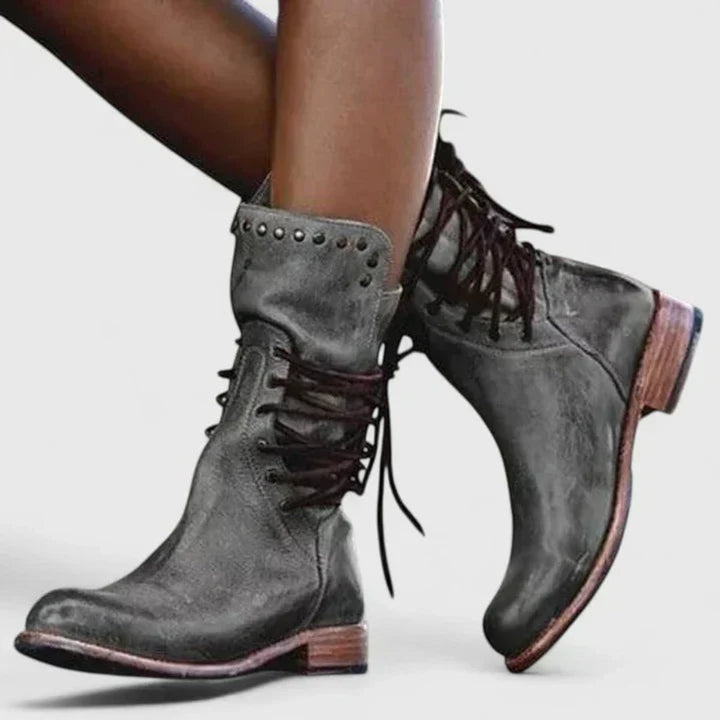 Women's Vintage Lace-Up Studded Knee High Boots Low Block Heel - Grey