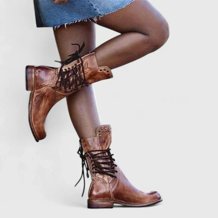 Women's Vintage Lace-Up Studded Knee High Boots Low Block Heel