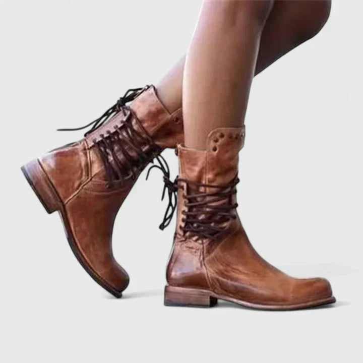 Women's Vintage Lace-Up Studded Knee High Boots Low Block Heel - Brown
