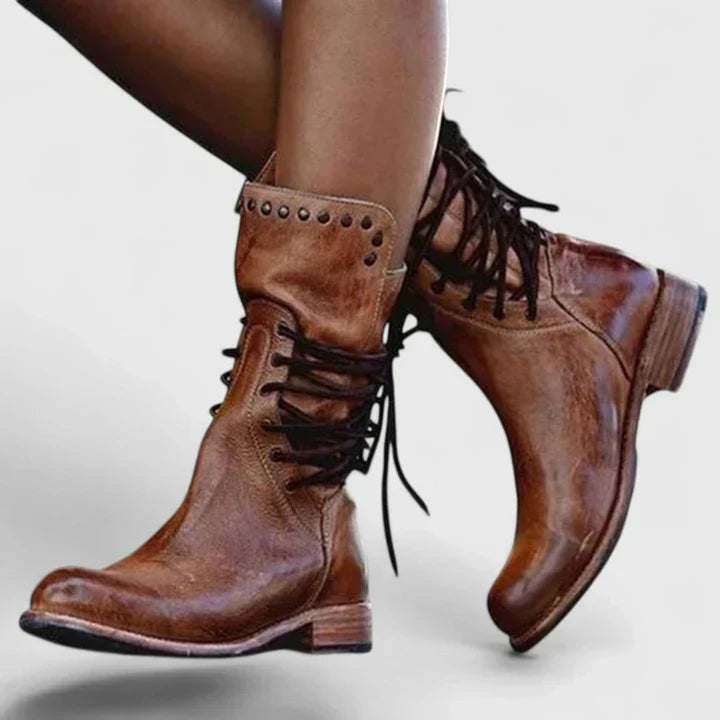 Women's Vintage Lace-Up Studded Knee High Boots Low Block Heel