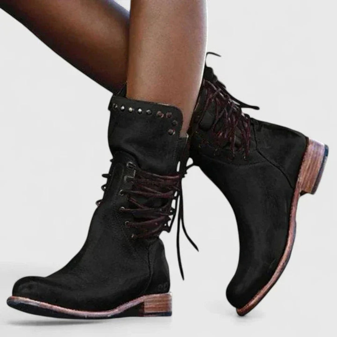 Women's Vintage Lace-Up Studded Knee High Boots Low Block Heel - Black