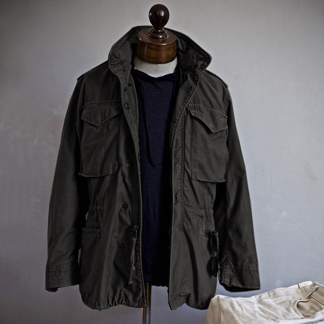 Women's Vintage Military Field Jacket Hidden Hood Cargo Pockets - Black