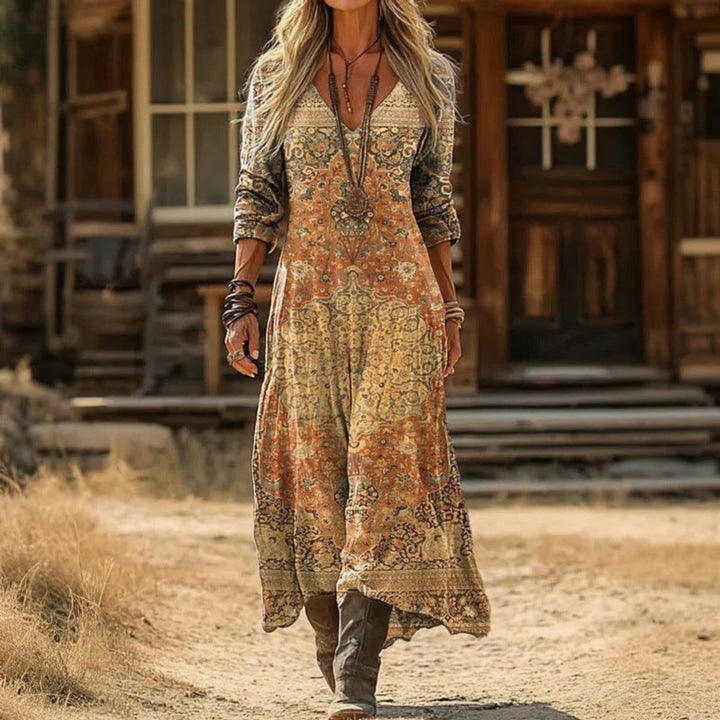 Women's Vintage-Print V-Neck Long Sleeve Dress Relaxed Maxi Fit - Yellow