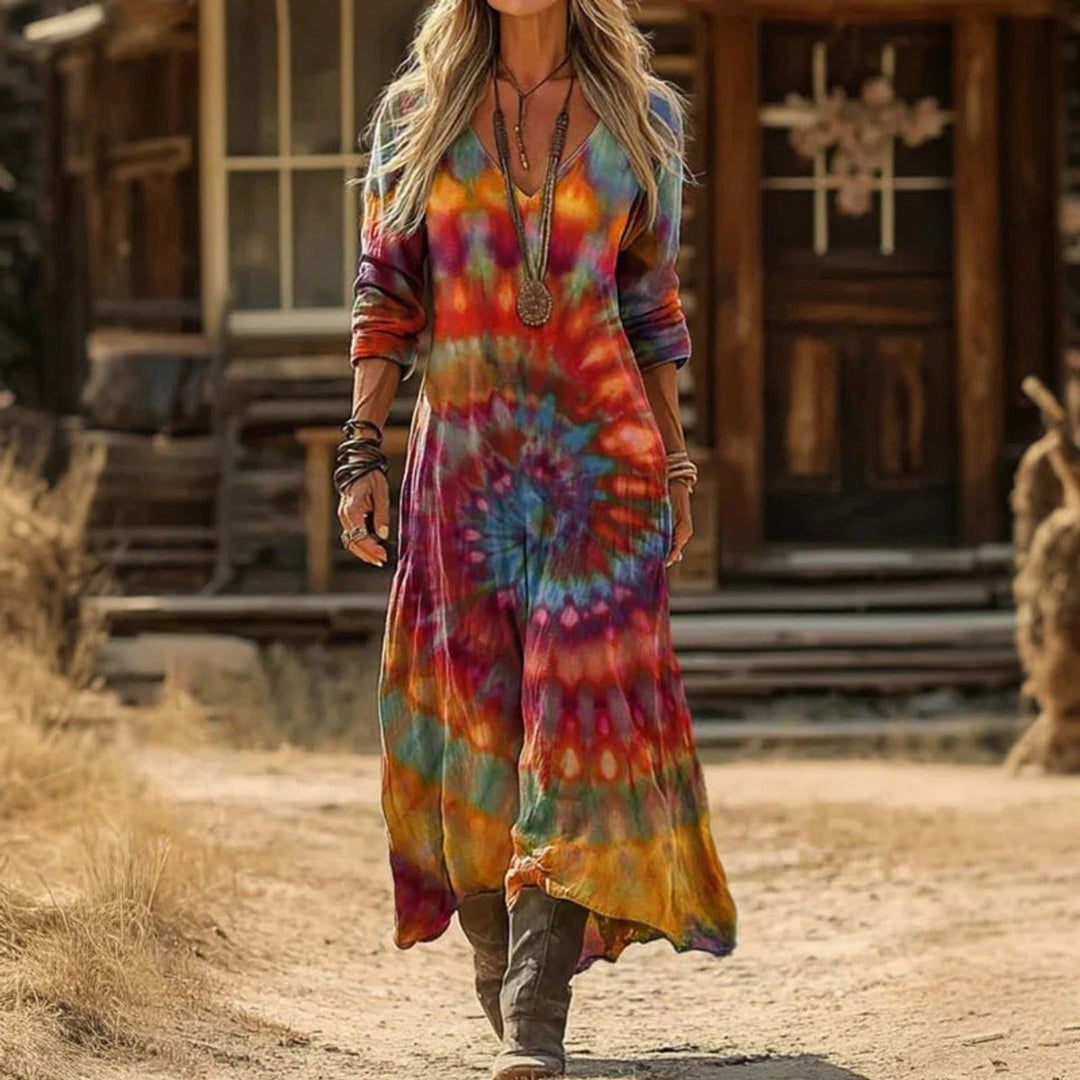 Women's Vintage-Print V-Neck Long Sleeve Dress Relaxed Maxi Fit - Multicoloured