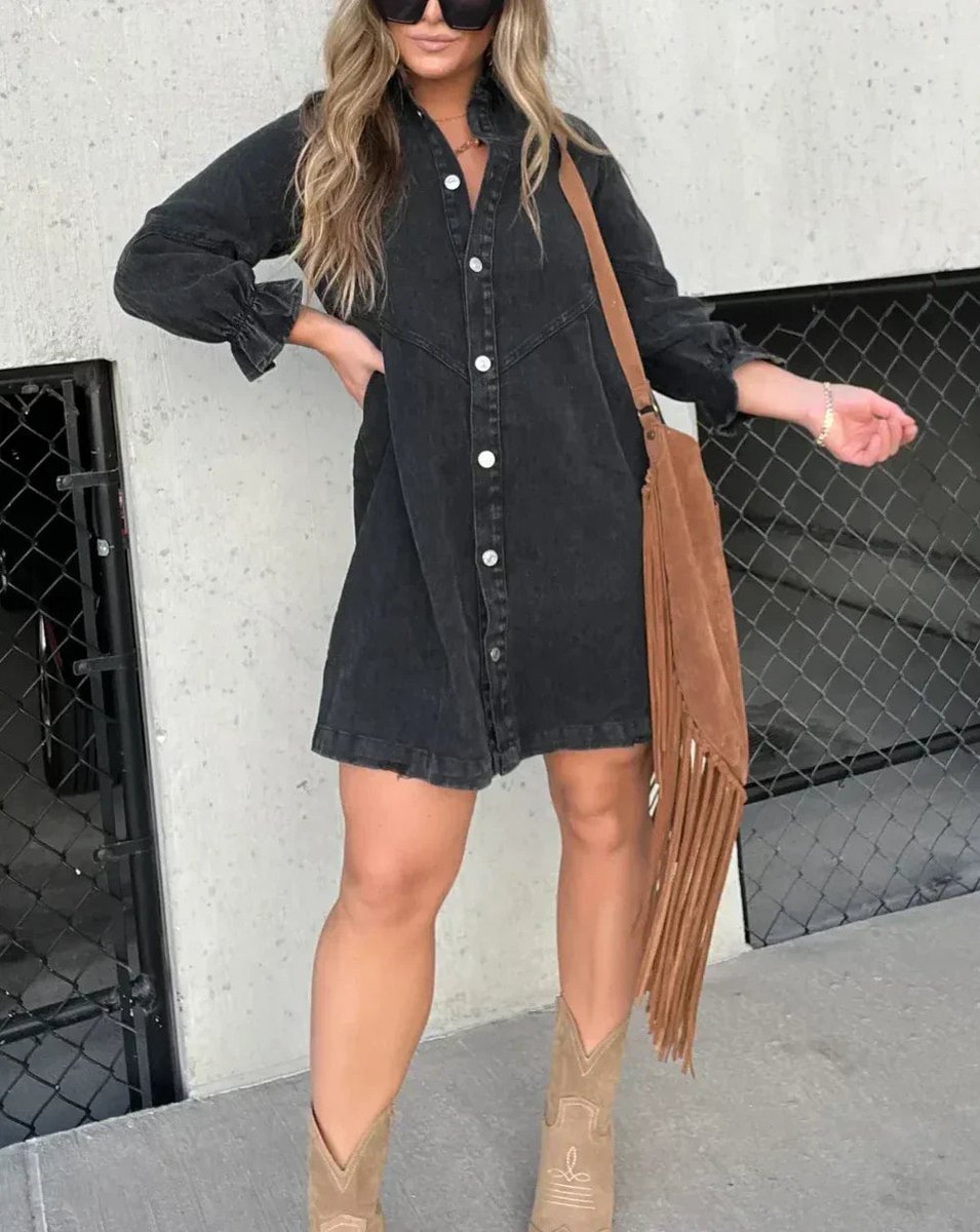 Women's Washed Denim Button-Down Mini Party Dress Ruffle Sleeves