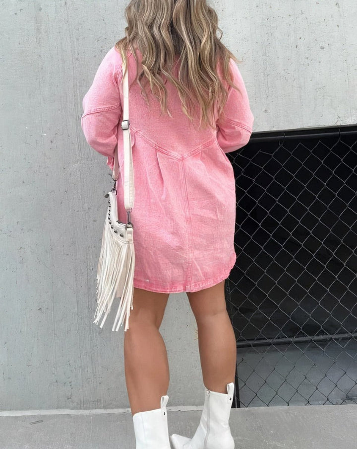 Women's Washed Denim Button-Down Mini Party Dress Ruffle Sleeves