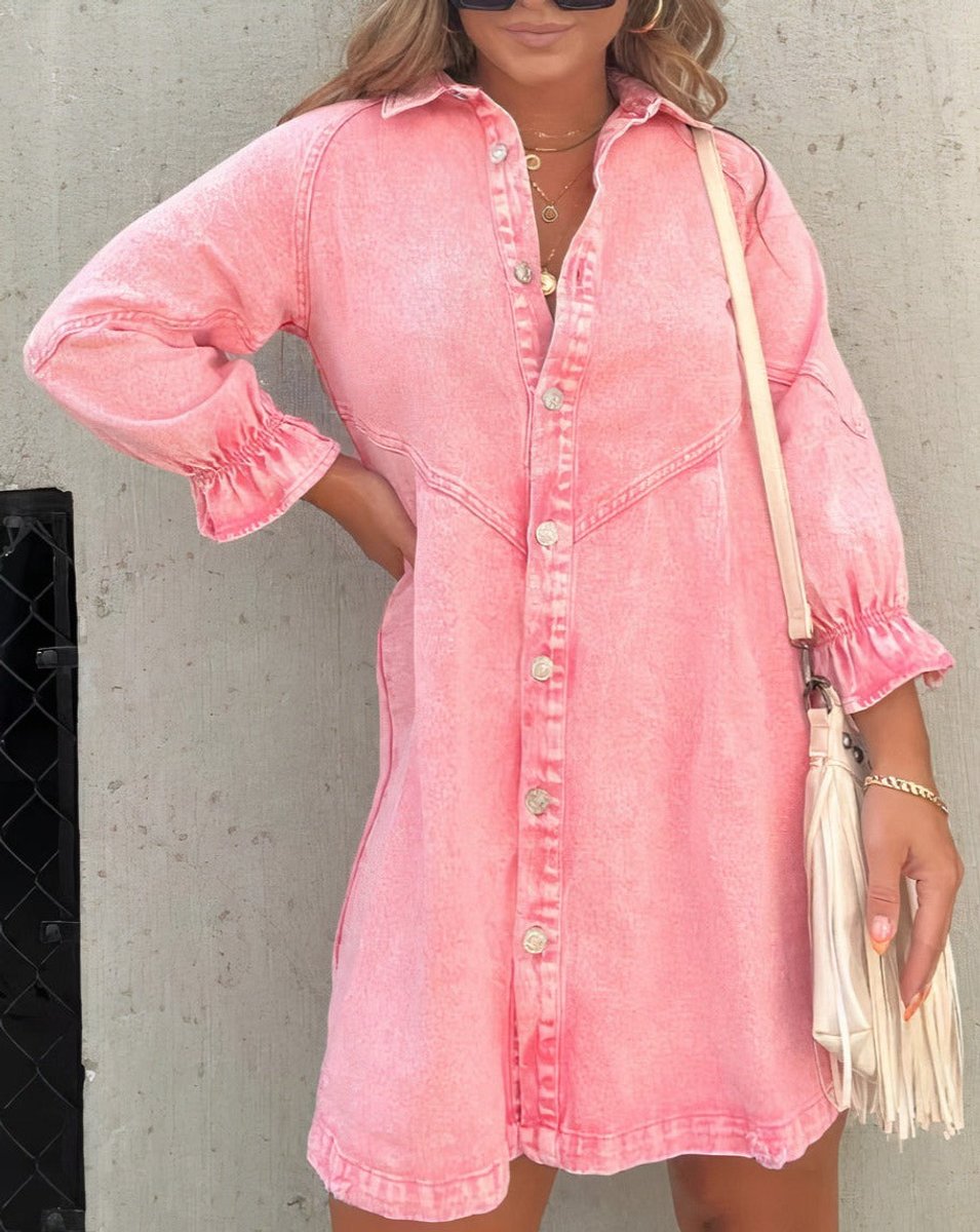 Women's Washed Denim Button-Down Mini Party Dress Ruffle Sleeves