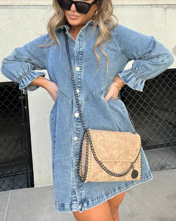 Women's Washed Denim Button-Down Mini Party Dress Ruffle Sleeves - Blue