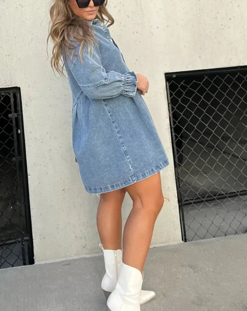 Women's Washed Denim Button-Down Mini Party Dress Ruffle Sleeves
