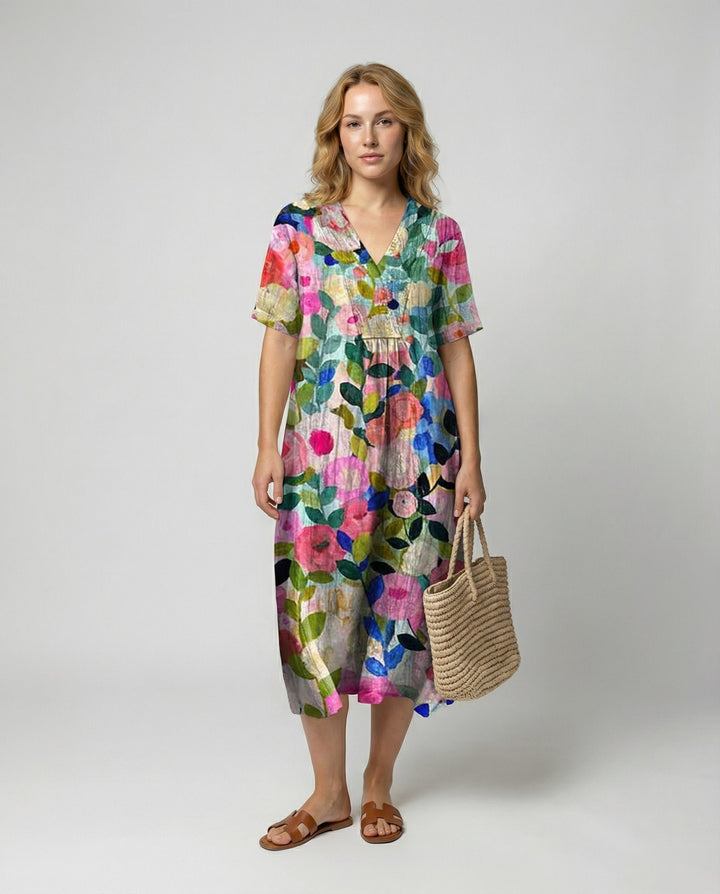 Women's Watercolour Floral Linen V-Neck Midi Dress Short Sleeves - Colourful Floral