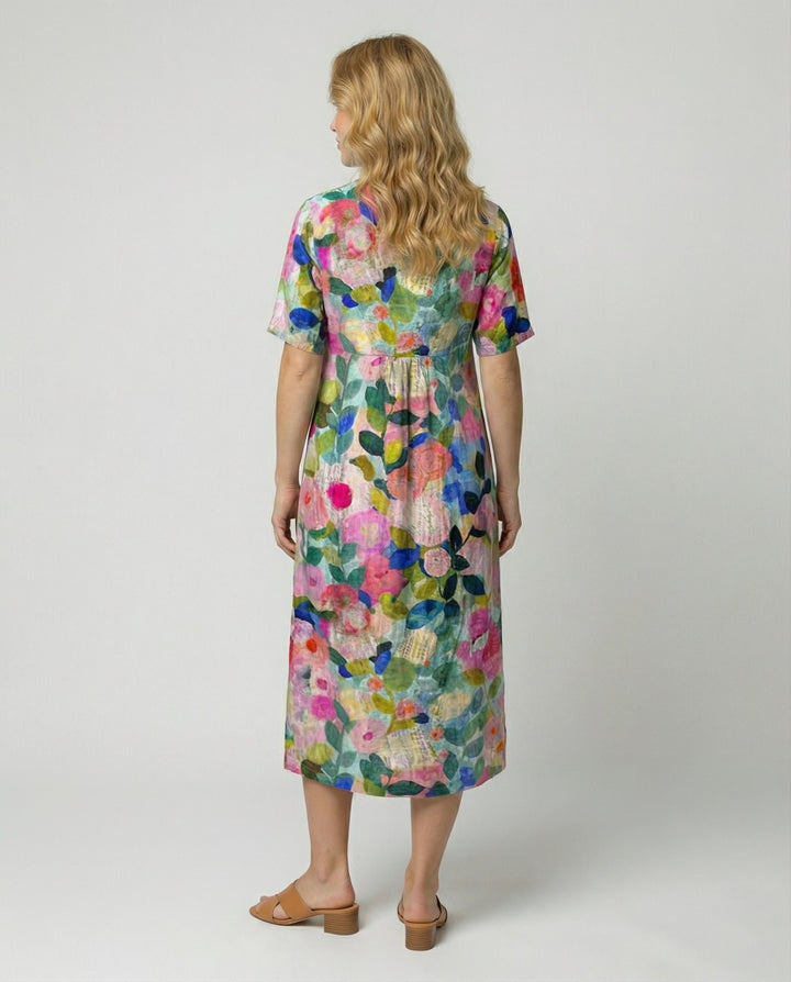 Women's Watercolour Floral Linen V-Neck Midi Dress Short Sleeves
