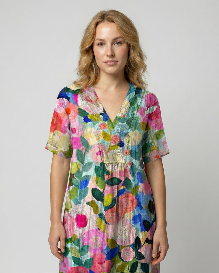 Women's Watercolour Floral Linen V-Neck Midi Dress Short Sleeves