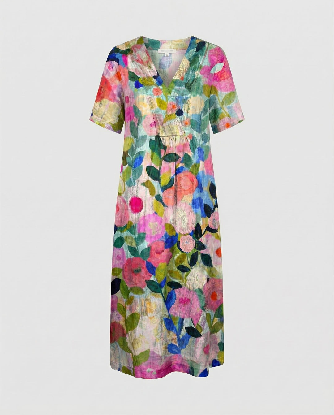 Women's Watercolour Floral Linen V-Neck Midi Dress Short Sleeves