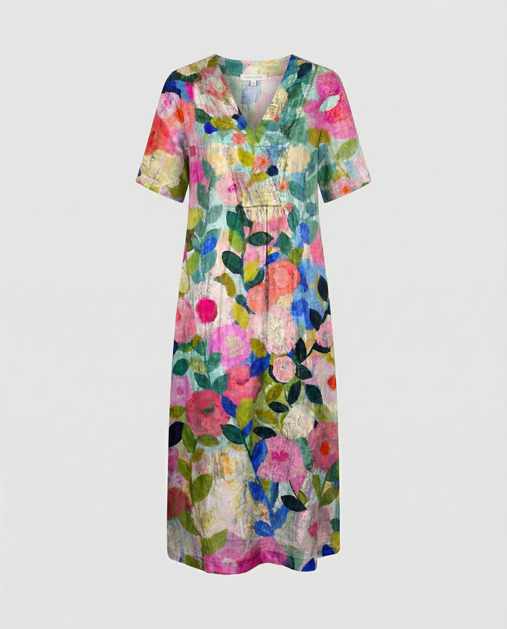 Women's Watercolour Floral Linen V-Neck Midi Dress Short Sleeves