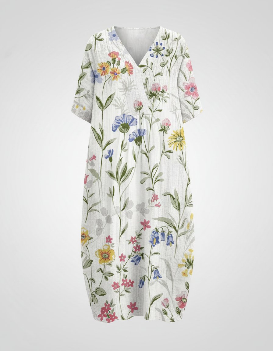 Women's Watercolour Floral Linen V-Neck Midi Dress Short Sleeves - White