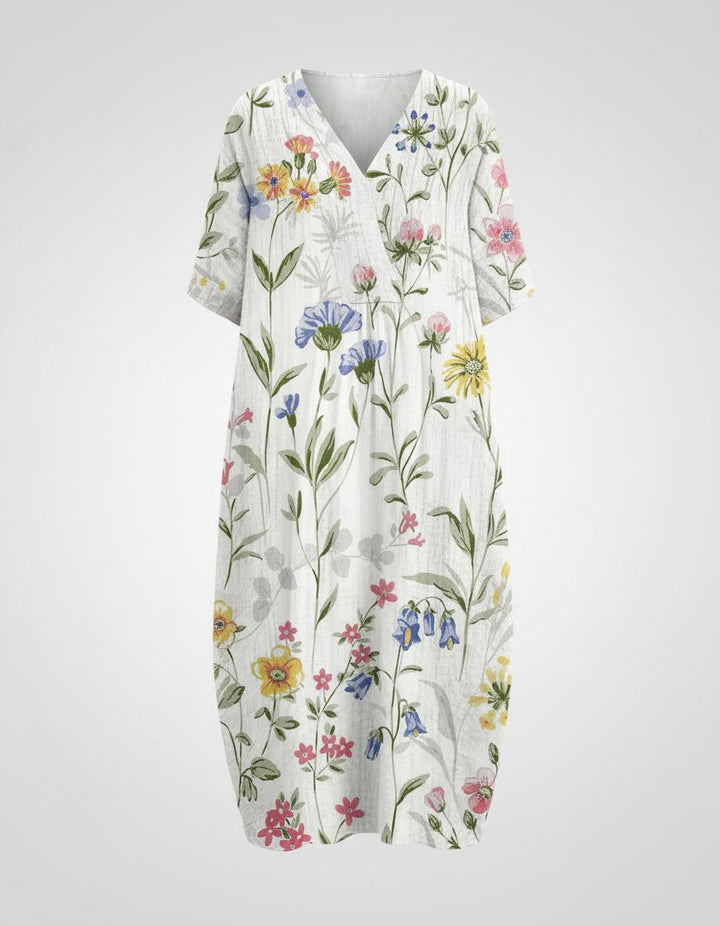 Women's Watercolour Floral Linen V-Neck Midi Dress Short Sleeves - White