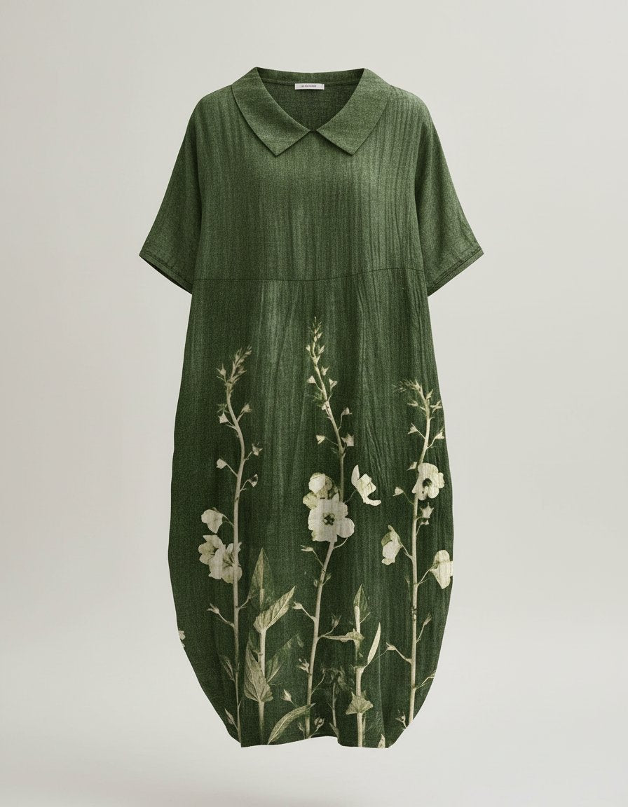 Women's Watercolour Floral Linen V-Neck Midi Dress Short Sleeves - Green
