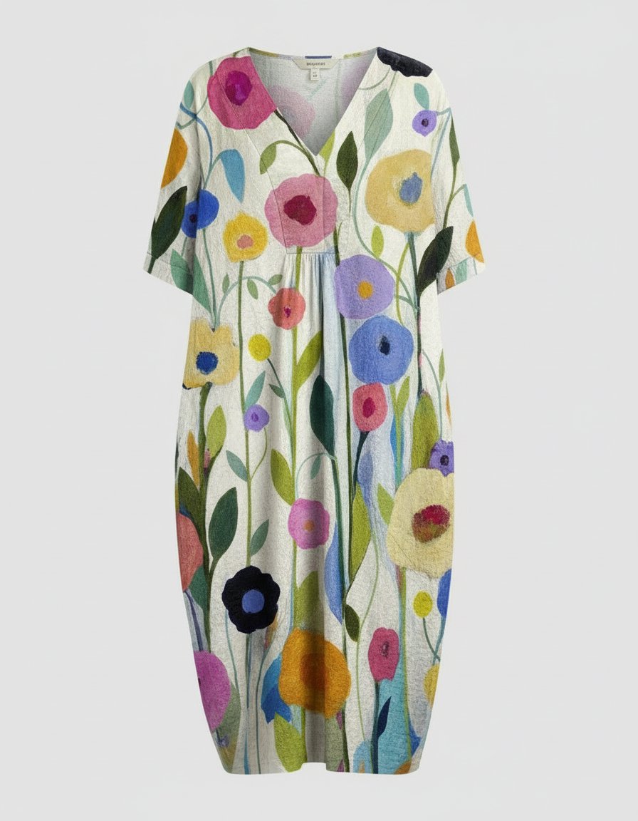 Women's Watercolour Floral Linen V-Neck Midi Dress Short Sleeves - Colourful Big Flower