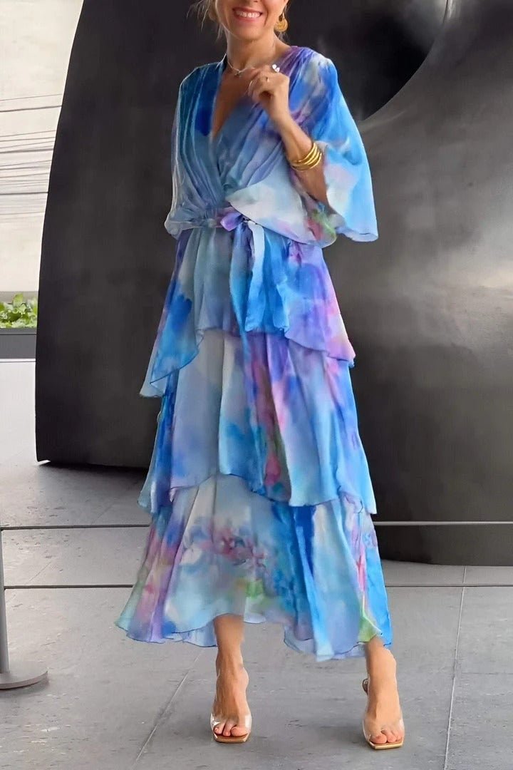 Women's Watercolour Floral Tiered Chiffon Maxi Dress - Blue