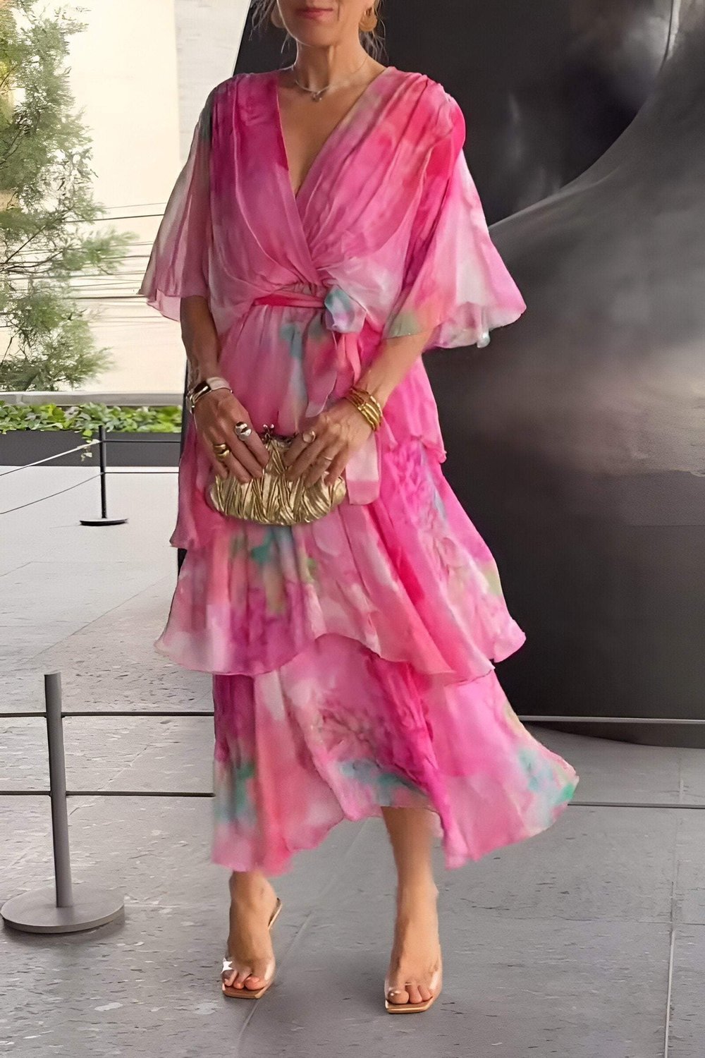 Women's Watercolour Floral Tiered Chiffon Maxi Dress - Pink
