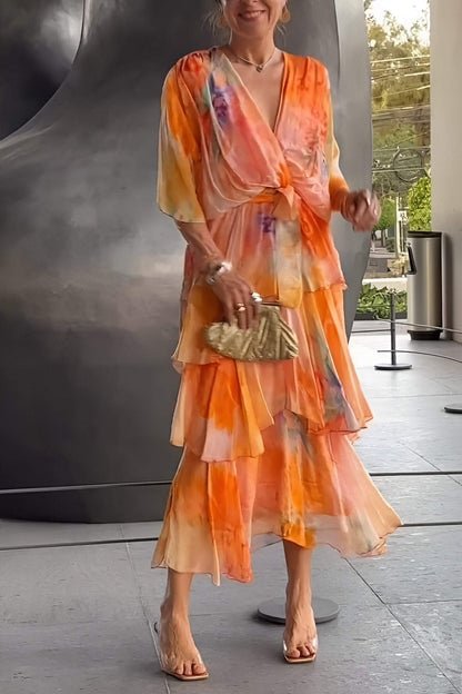Women's Watercolour Floral Tiered Chiffon Maxi Dress - Orange