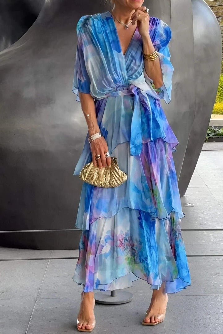 Women's Watercolour Floral Tiered Chiffon Maxi Dress