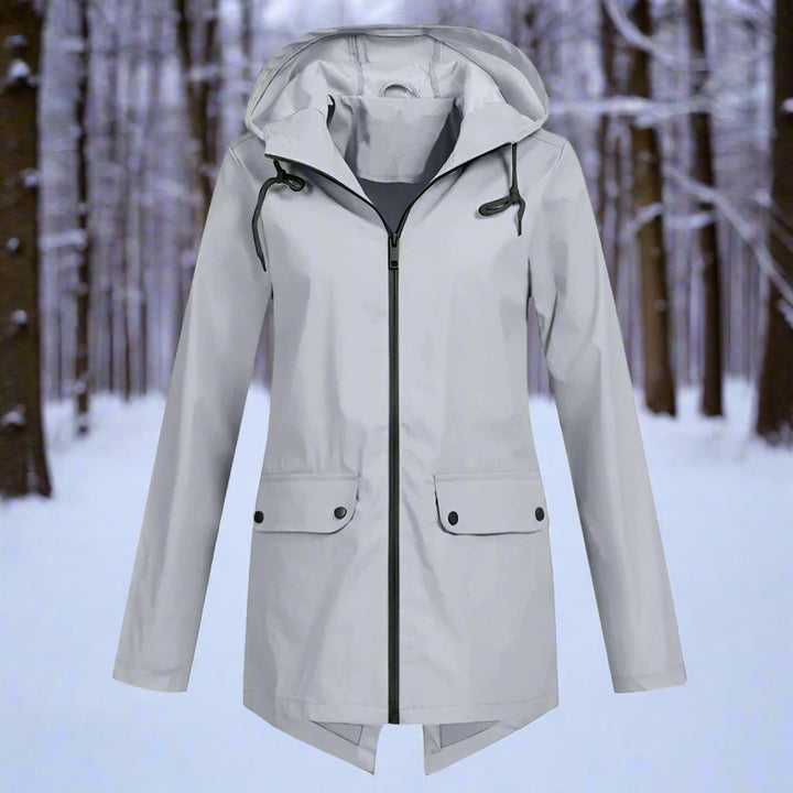 Women's Waterproof Hooded Rain Jacket Zip-Up Adjustable Cuffs Pockets - Grey