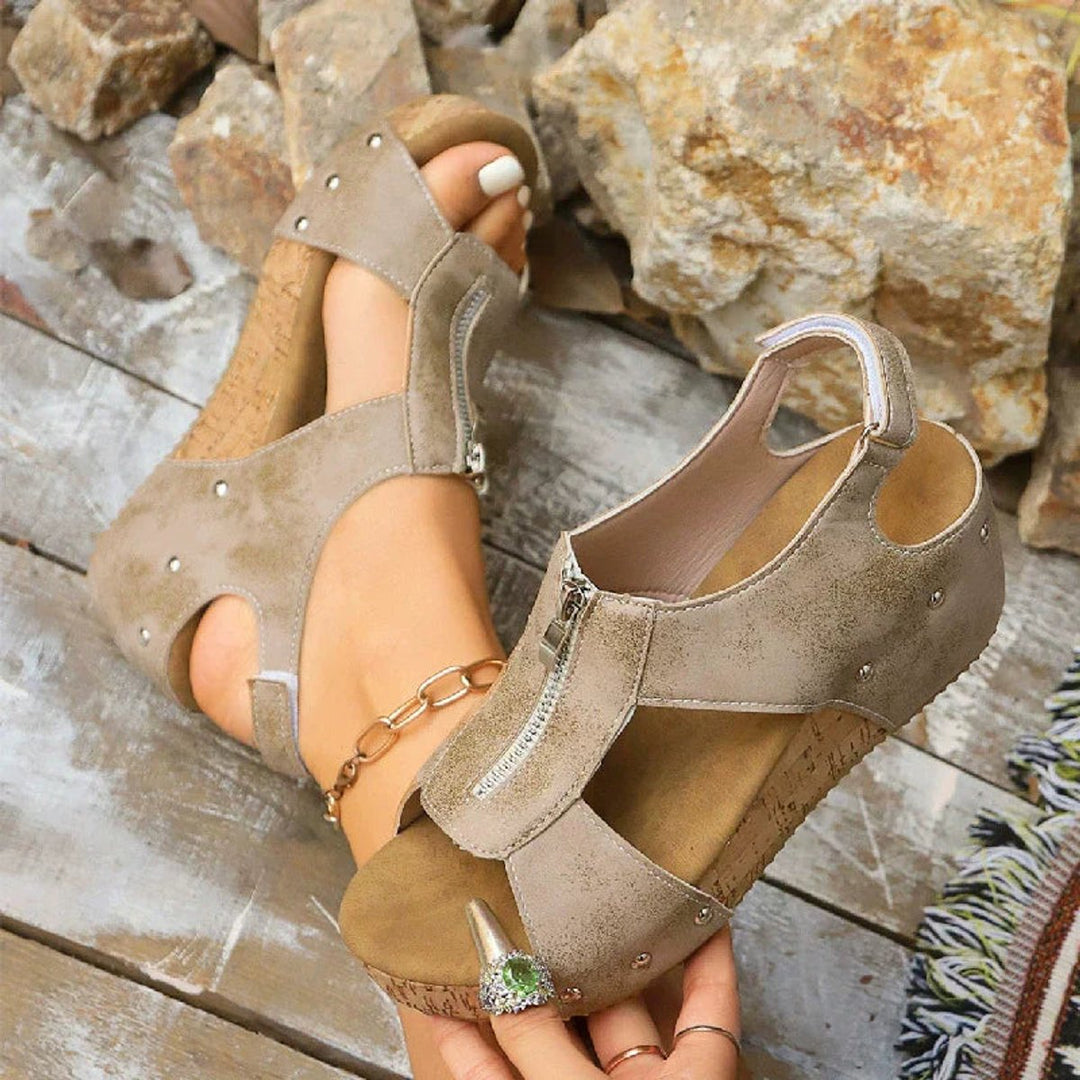 Women's Wedge Sandals Open-Toe Cork Platform Zip Front - Beige