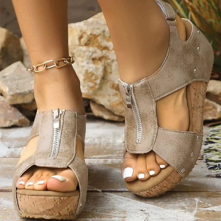 Women's Wedge Sandals Open-Toe Cork Platform Zip Front