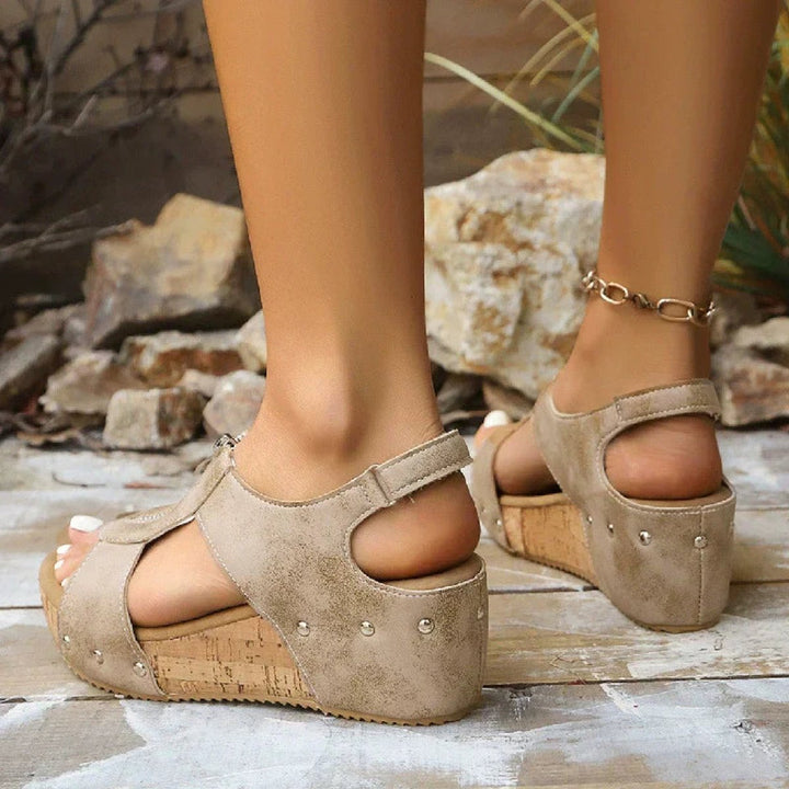 Women's Wedge Sandals Open-Toe Cork Platform Zip Front