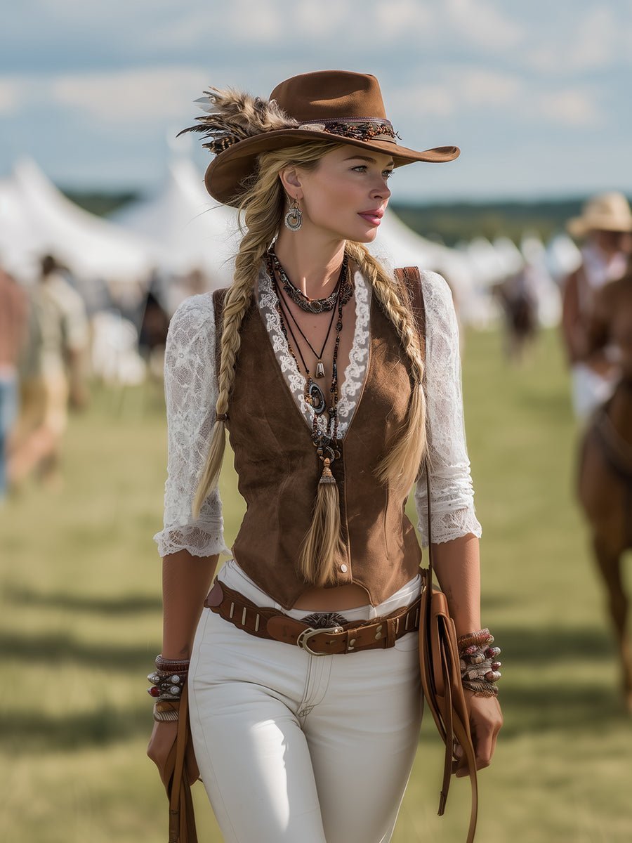 Women's Western Lace Long-Sleeve V-Neck Fitted Snap-Button Blouse