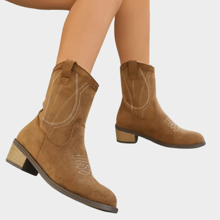 Women's Western-Stitch Suede Cowboy Ankle Boots - Khaki