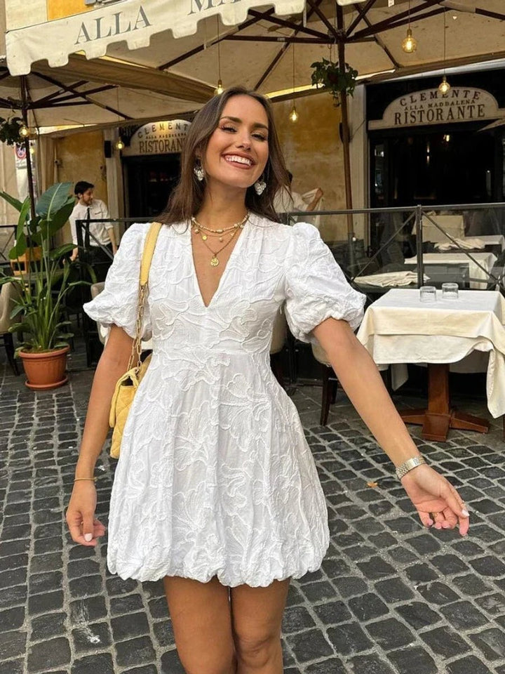 Women's White Floral Textured Puff Sleeve Mini Party Dress