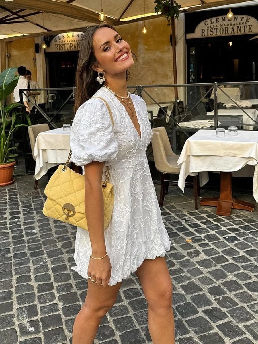 Women's White Floral Textured Puff Sleeve Mini Party Dress