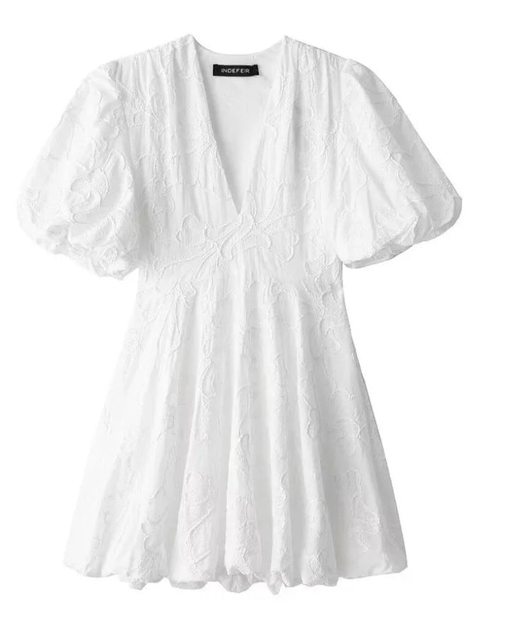 Women's White Floral Textured Puff Sleeve Mini Party Dress