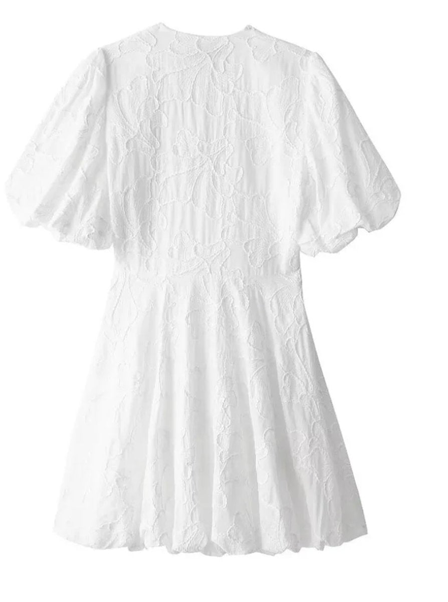 Women's White Floral Textured Puff Sleeve Mini Party Dress