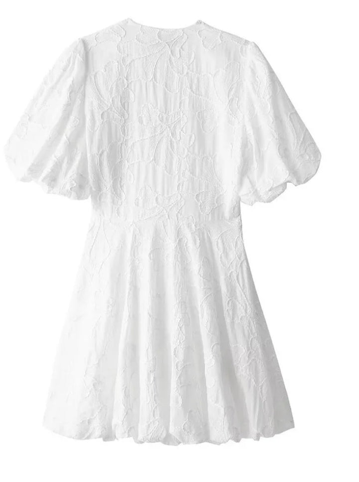 Women's White Floral Textured Puff Sleeve Mini Party Dress