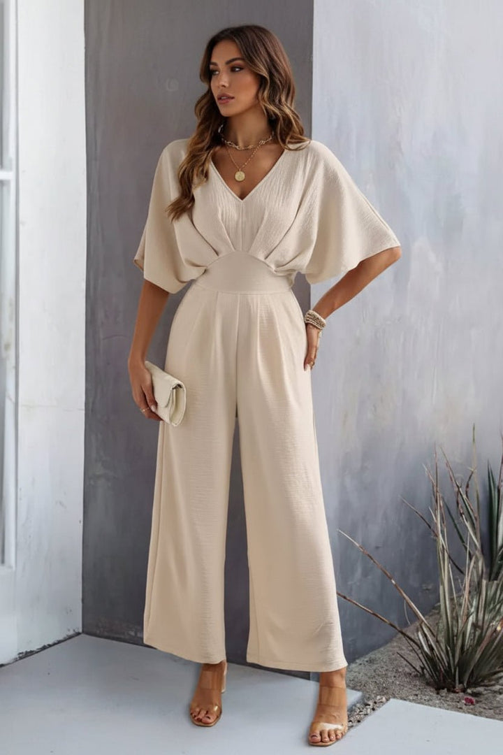 Women's Wide-Leg Batwing-Sleeve Cinched-Waist V-Neck Jumpsuit