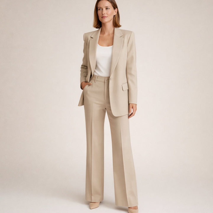 Women's Wide-Leg Flared Tailored Two-Piece Trouser Suit - Beige