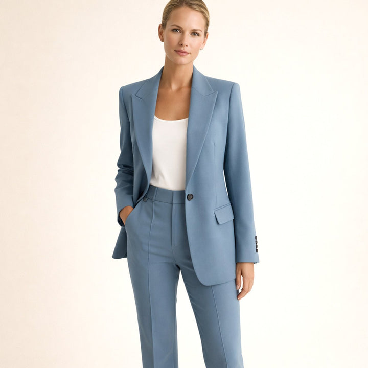 Women's Wide-Leg Flared Tailored Two-Piece Trouser Suit - Navy Blue