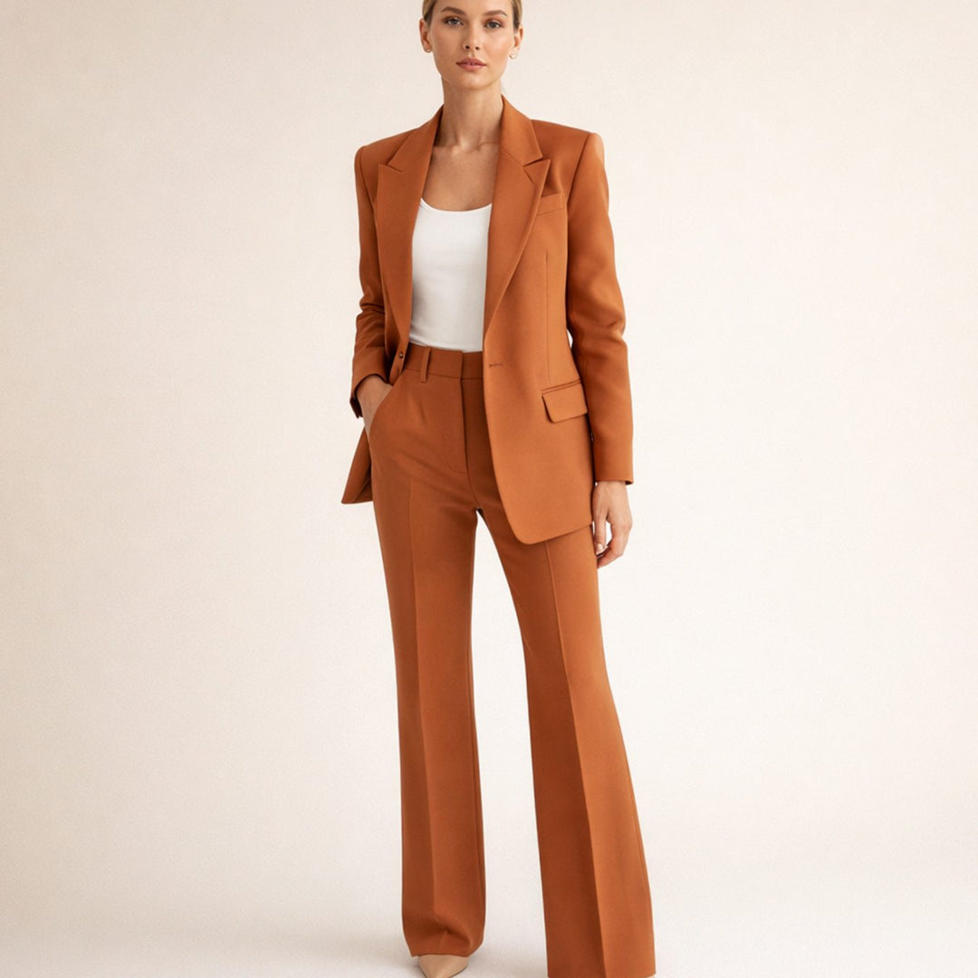 Women's Wide-Leg Flared Tailored Two-Piece Trouser Suit - Brown
