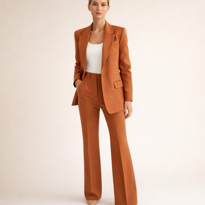Women's Wide-Leg Flared Tailored Two-Piece Trouser Suit - Brown