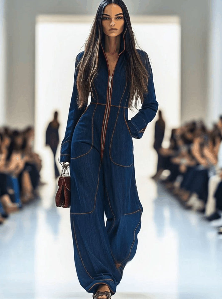 Women's Wide Leg Pants Denim Jumpsuit Long Sleeve Front Zip