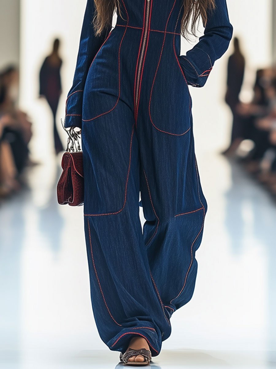 Women's Wide Leg Pants Denim Jumpsuit Long Sleeve Front Zip